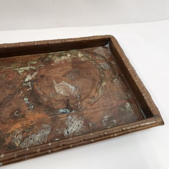 Chinese Copper Serving Tray Dragon Fish Symbols Bamboo Motif Antique 26x8" - Picture 5 of 14